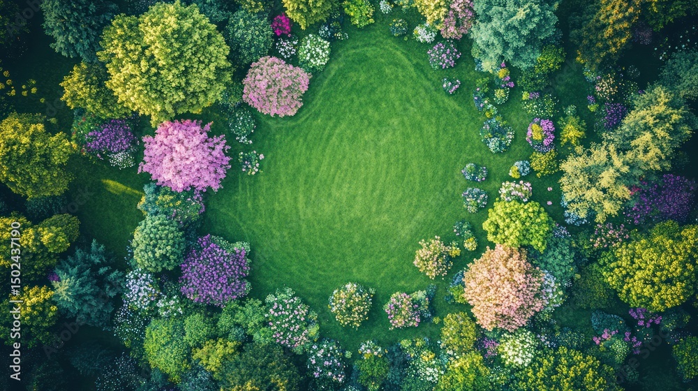 Aerial view of a colorful garden with a grassy circle