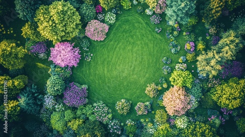 Obraz na płótnie Aerial view of a colorful garden with a grassy circle w salonie