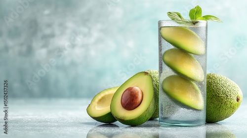 Glass of water with avocado slices and whole avocados