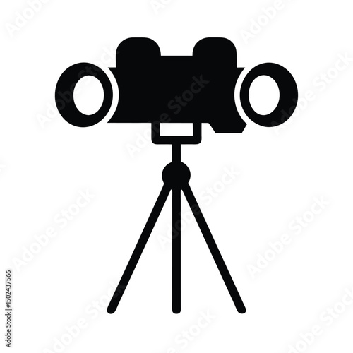 Black and white silhouette of a binocular on a tripod representing exploration and observation