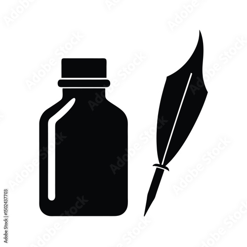 Classic inkwell and feather pen illustration featuring a simple black and white vector design