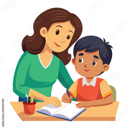 Mother and son studying a book together, a student learning with their child at a classroom desk.