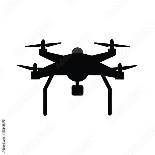 Simple black silhouette of a modern drone with camera and rotor blades isolated on white