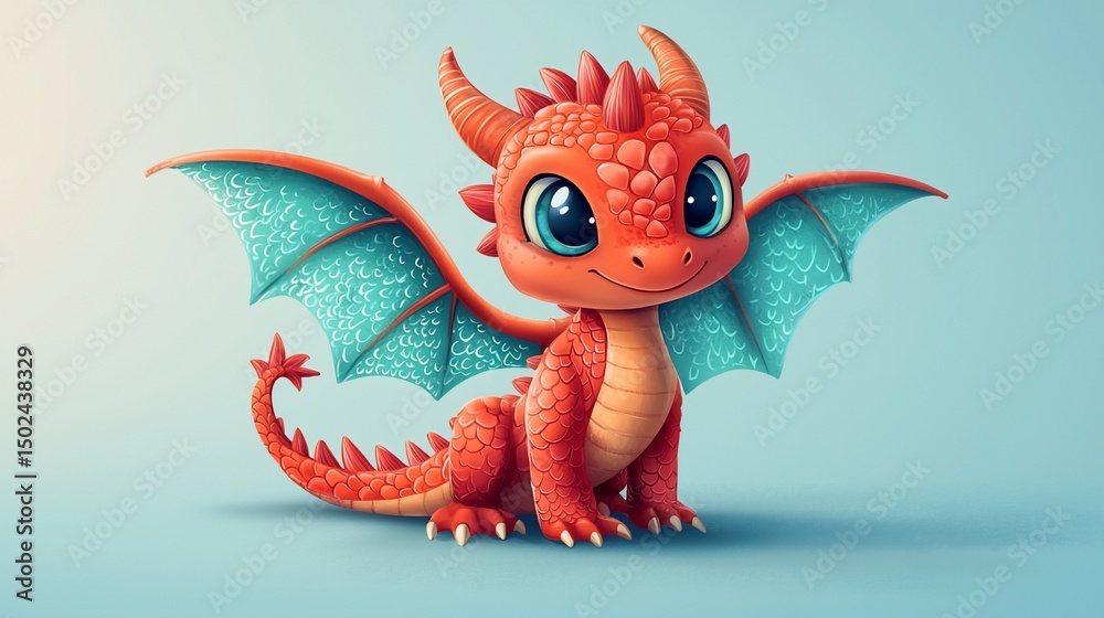 Fototapeta premium Cute dragon illustration; light blue background