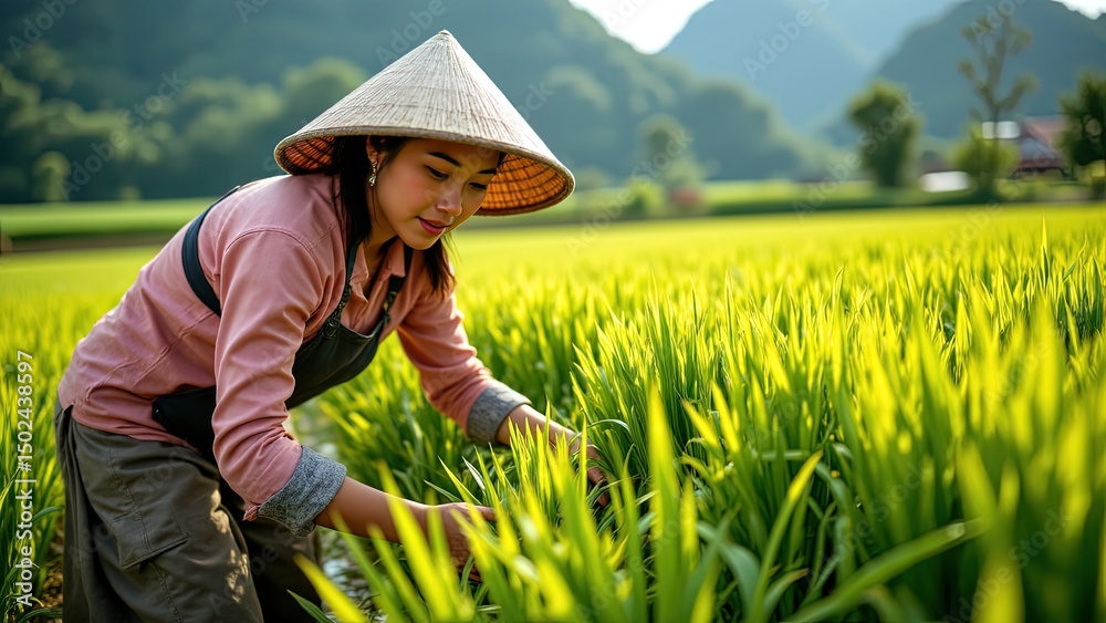 Happy Female Farmer Harvesting Rice in Countryside of Thailand Happy Female Farmer Harvesting Rice in Countryside of Thailand