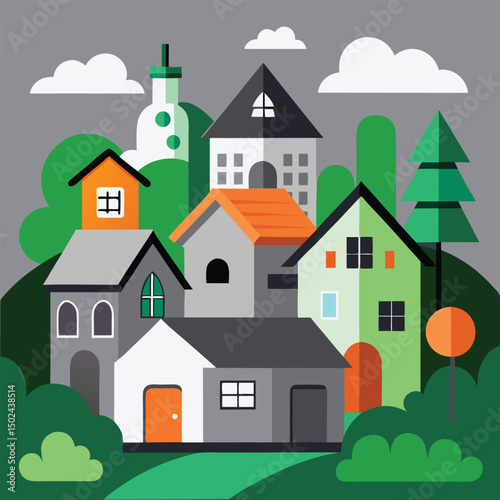 Vector illustration of houses in a cartoon village landscape with trees and sky