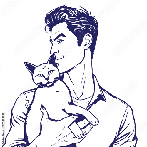 A men with cat in hand concept silhouette vector logo illustration.