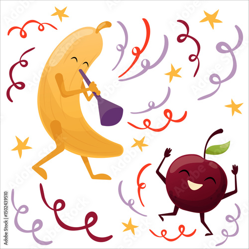 Vector illustration of dancing fruits. Fruits at party