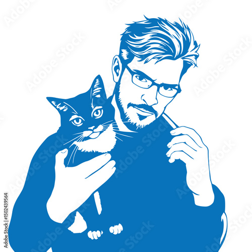 A men with cat in hand concept silhouette vector logo illustration.
