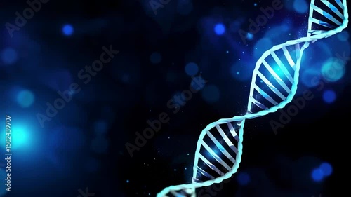 Close-up video of a DNA helix with a glowing blue bokeh background, shot from a side angle, emphasizing a futuristic and scientific concept. Live desktop wallpaper.