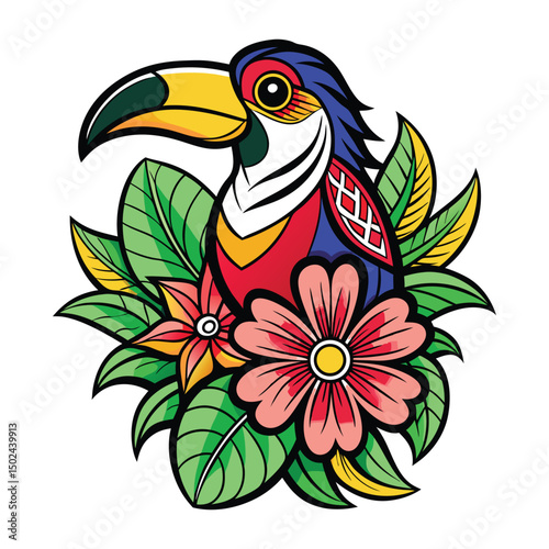 Colorful exotic toucan with a large beak perched on a tropical branch