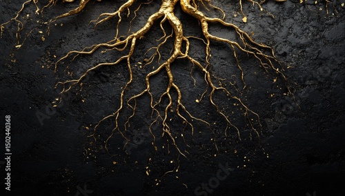 Gold roots spread on dark textured surface