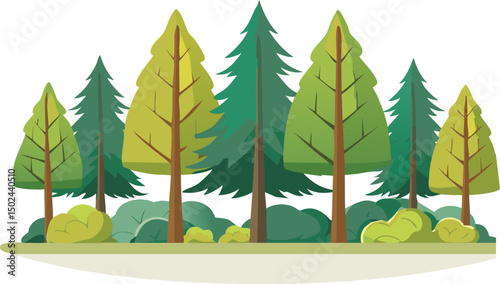 Cartoon forest landscape with evergreen and deciduous trees, bushes, and green foliage on white background for nature design
