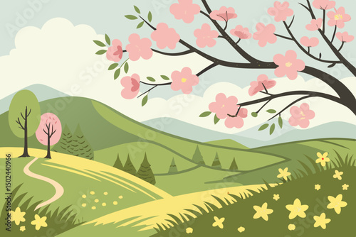 A Tranquil Spring Landscape with Blooming Tree and Rolling Hills
