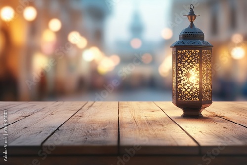 Ornate metal lantern glows warmly on rustic wooden table against a softly blurred city nightscape photo