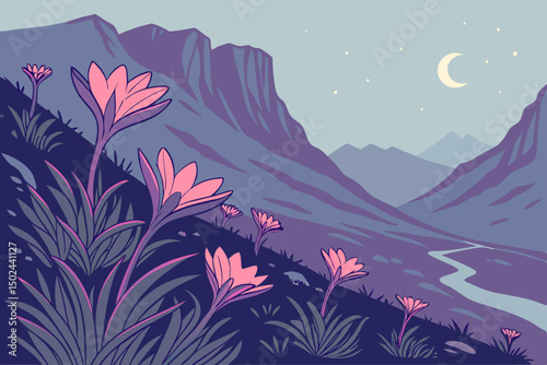 Purple flowers on rolling hills at night with moon
