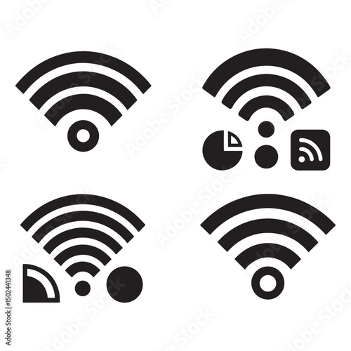 PrintWiFi Icon Set,Wireless Internet symbol,Different black wifi icons,wi-fi signal black wireless icons set, Network connection symbols,wi-fi icon sign for remote internet access. Vector illustration