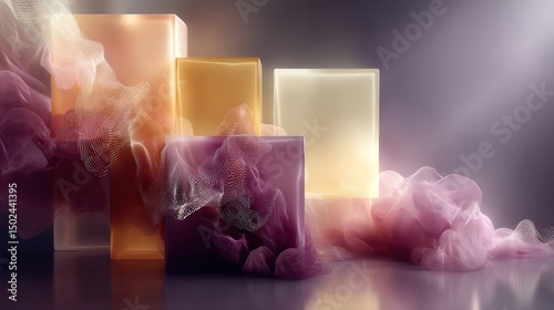 Pastel translucent blocks with flowing mesh. Generative AI