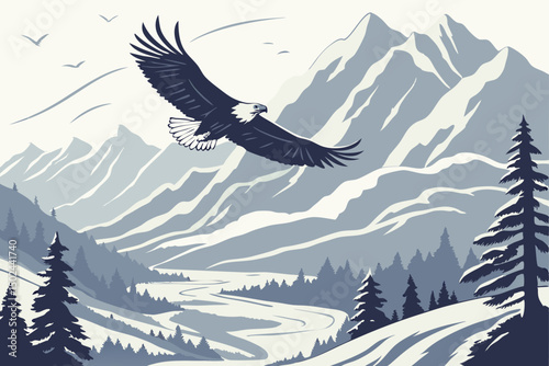Bald Eagle Soaring Over a Winter Landscape of Snow-Capped Mountains