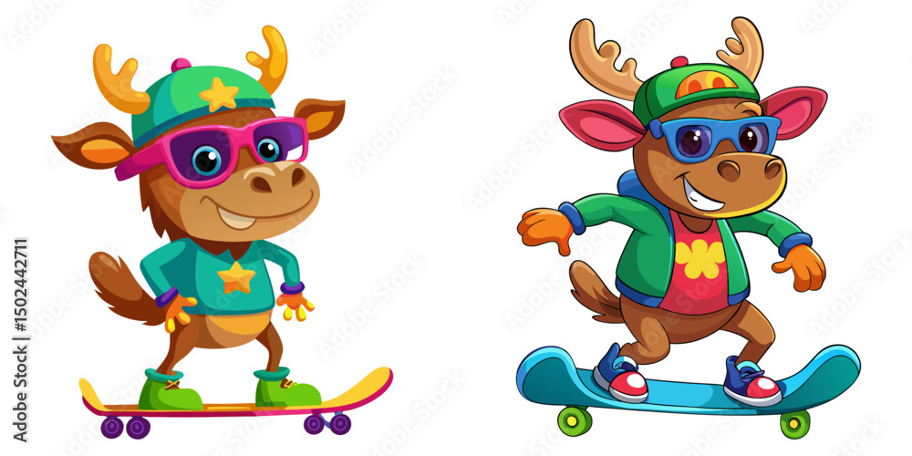 Obraz premium A vibrant, detailed, and funny cartoon Moose wearing sunglasses on a skateboard, 3D rendered