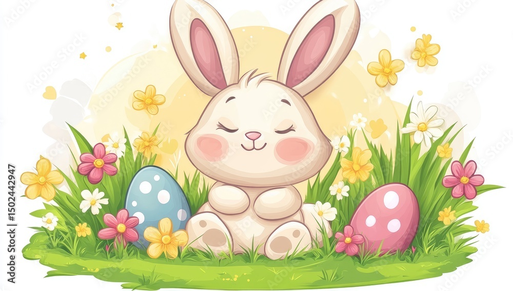 Obraz premium A white bunny with closed eyes sits in a grassy field with flowers and colorful Easter eggs