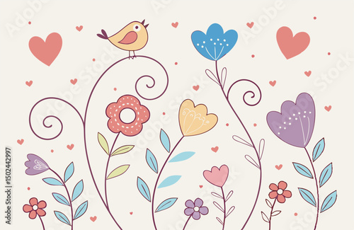 Floral seamless pattern with tulips and flowers in pink decorative design for spring and valentine cards or wedding invitations
