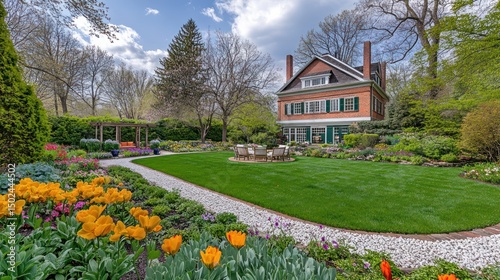 Obraz na płótnie Brick house with vibrant flower garden and manicured lawn w salonie