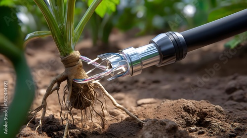 Internet Access for All: Fiber Optic Cable Connected to Plant Roots, Digital Growth.