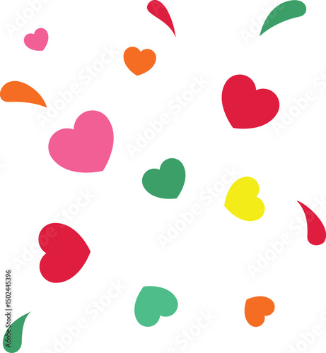 Colorful heart decoration elements scattered with playful shapes