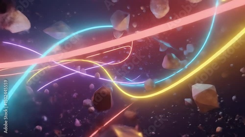 Abstract Glowing Lines and Floating Rocks in Space