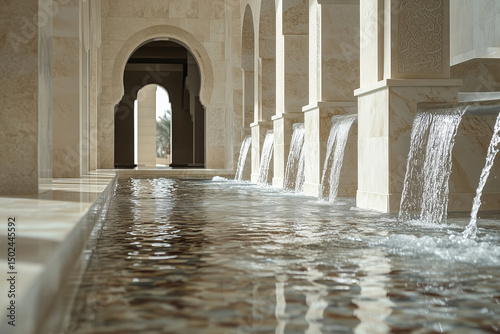 Historic stone water fountain inside the ancient Alhambra palace building featuring traditional architecture and arches 