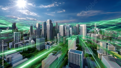 Smart City Technology, Futuristic Urban Landscape, Green Energy Network.