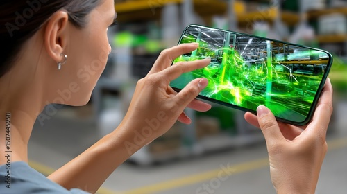 Smart Factory Technology: Woman Using Phone with Augmented Reality Warehouse Application