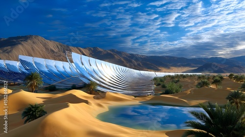 Solar Power Plant in Desert Oasis: Renewable Energy, Sustainable Technology