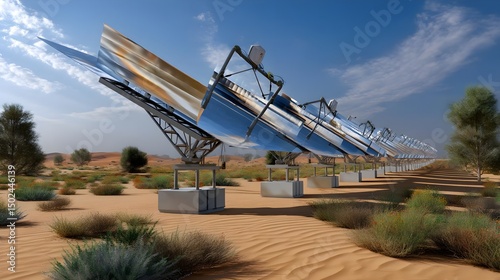 Solar Power Plant in Desert Landscape. Renewable Energy Technology, Clean Energy Future.