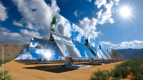 Solar Power Plant Mirrors Reflecting Sky. Renewable Energy. Sustainability Technology.