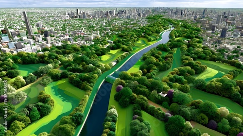 Sustainable City Concept: Urban Planning, Green Space, Aerial View