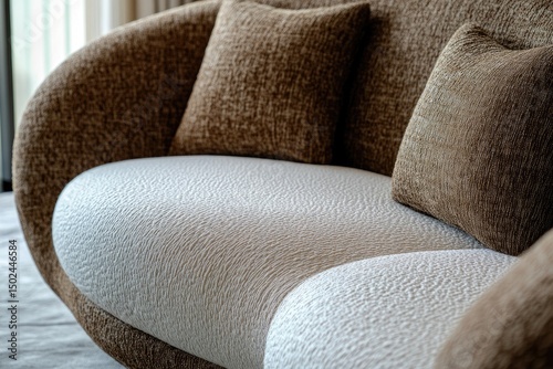 Curved couch, two-tone upholstery
