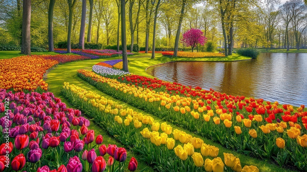 Colorful spring garden with tulips and a pond