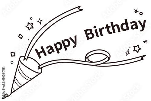 Happy Birthdayの文字入りクラッカーのイラスト／誕生日のお祝いに使える線画素材