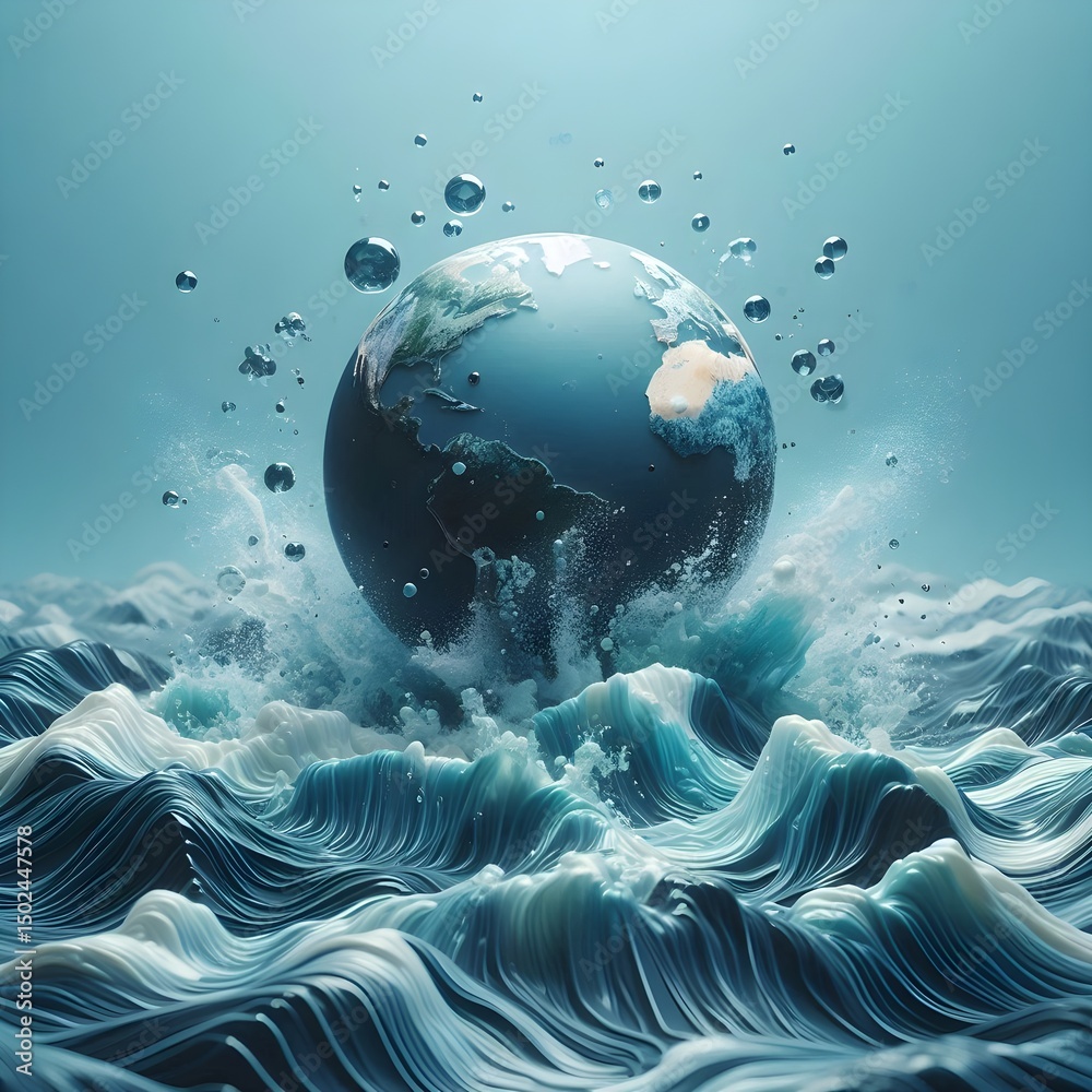 Obraz premium Levitating earth model over moving water surface with climate impact theme and blank area for environmental message