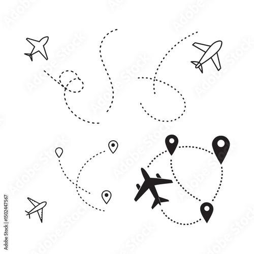 Airplane Flight Paths and Travel Route Icons Simple Vector Illustrations for Travel Design