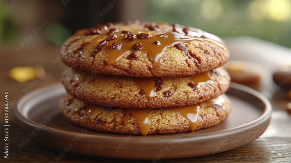 Stacked caramel-glazed cookies on a plate Stacked caramel-glazed cookies on a plate