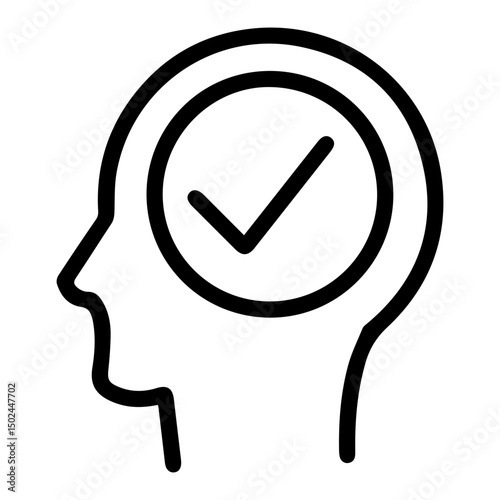 A head contains a check icon (outline style). Represents the mental validation, approval, or successful processing of an idea, thought, or task within the mind. Visually signifies a state of cognitive