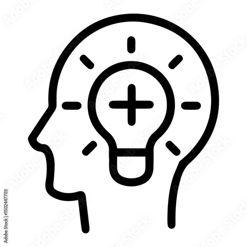Head contains a lightbulb with a plus sign (outline style). Represents the emergence of a new idea or innovation within the mind, symbolizing positive thought, creativity, and generation of insights