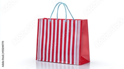 Red and White Striped Shopping Bag with Blue Handle. Generative AI
