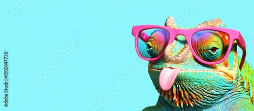 A chameleon wearing pink sunglasses sticks its tongue out against a blue background