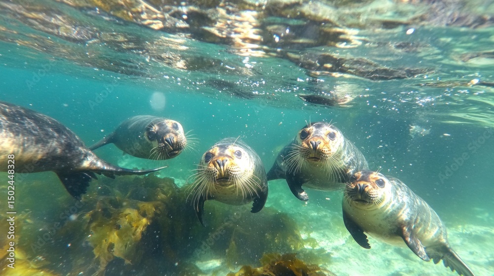 Fototapeta premium Underwater Seals in Clear Water