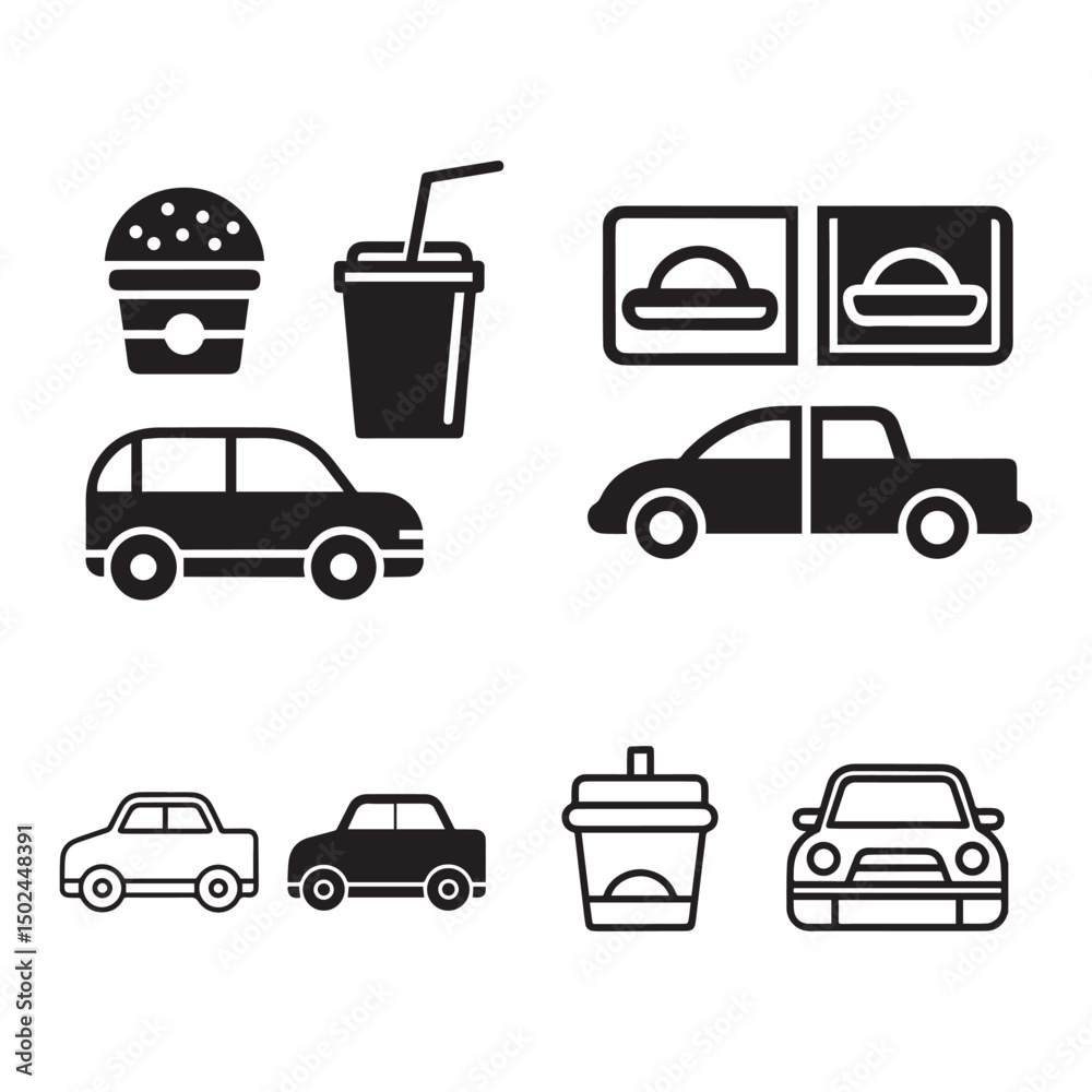 Naklejka premium Fast Food Drive-Thru Icons Car, Burger, Drink, and Restaurant Symbols