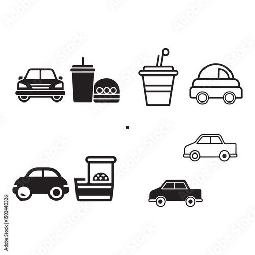 Simple Car and Fast Food Icons  Vector Graphics for Mobile Apps and Websites